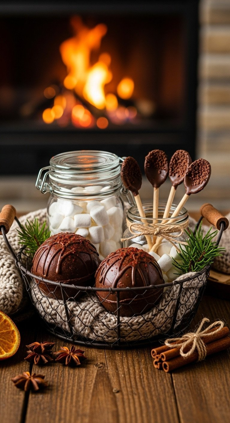 Cozy Hot Cocoa Gift Basket With Hot Chocolate Bombs, Mini Marshmallows, And Chocolate Spoons In Front Of A Warm Fireplace.