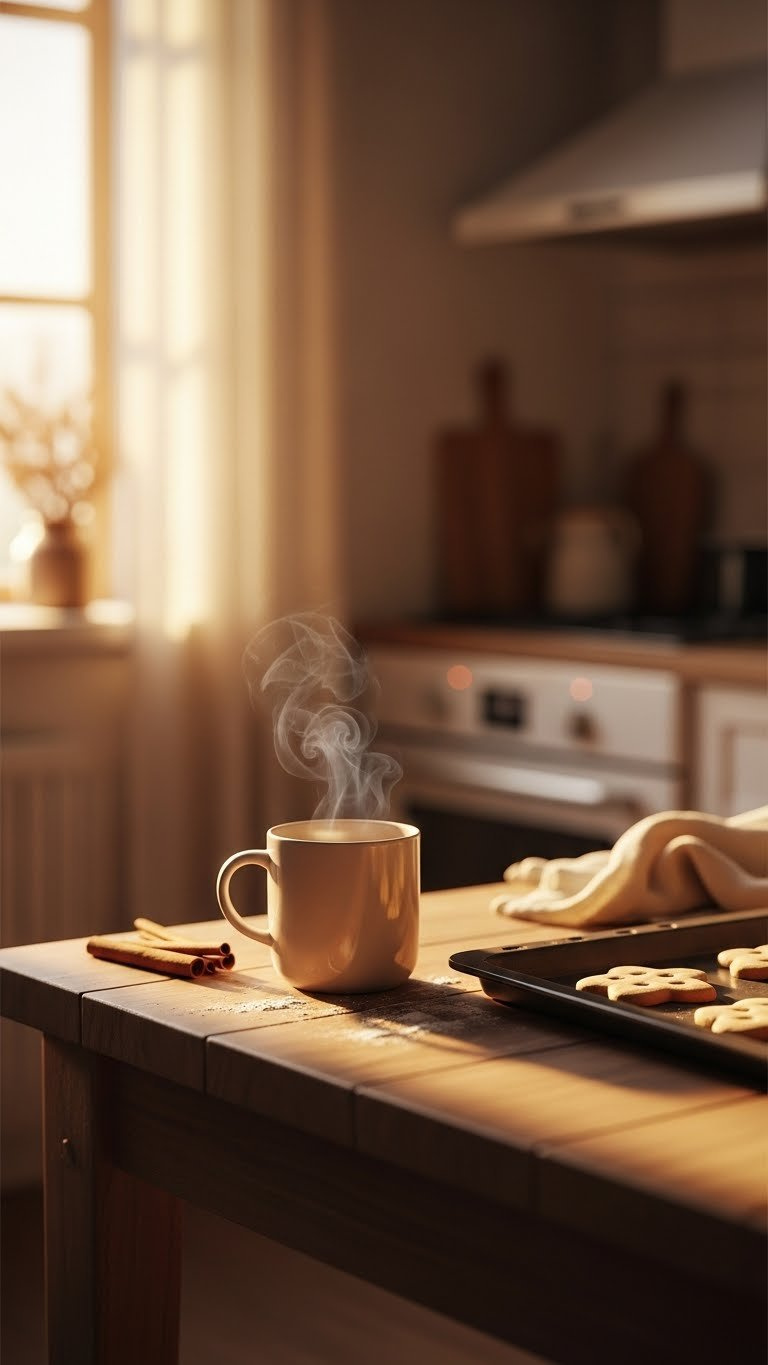 Cozy Lo-Fi Kitchen Scene With Steaming Mug And Cookie Sheet On Rustic Wooden Table During Golden Hour