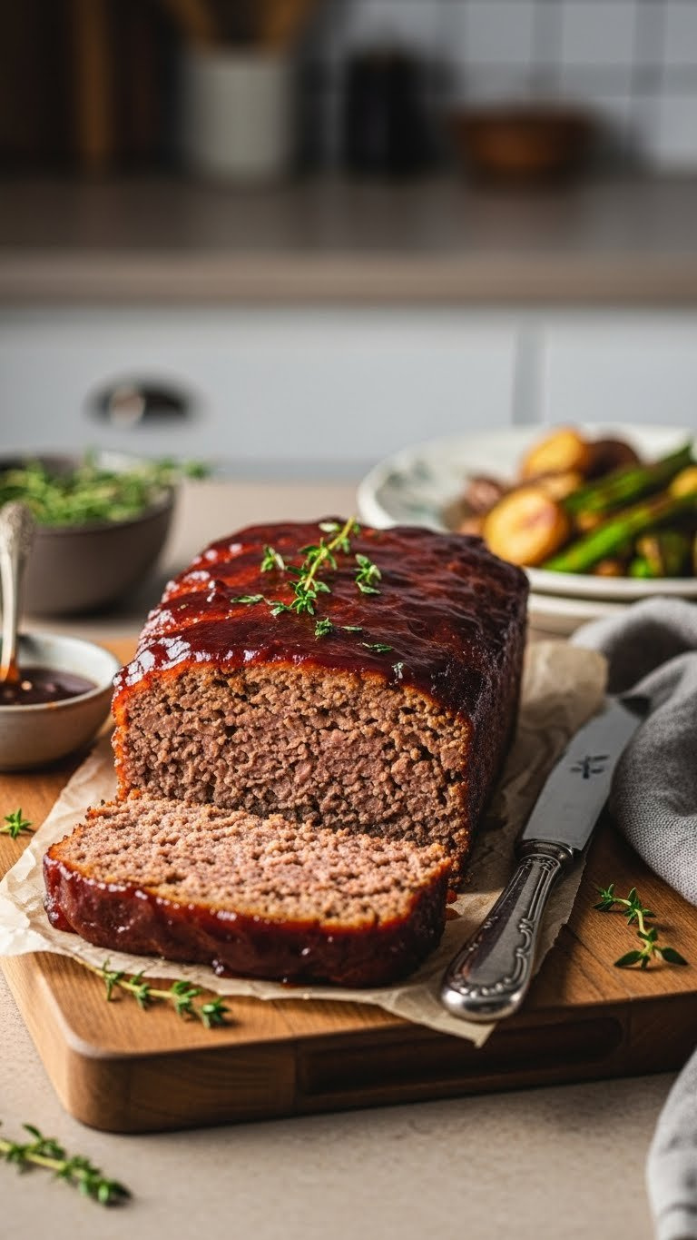 Cozy Meatloaf Bake With Glossy Caramelized Glaze On Rustic Cutting Board Showing Tender Interior Slice
