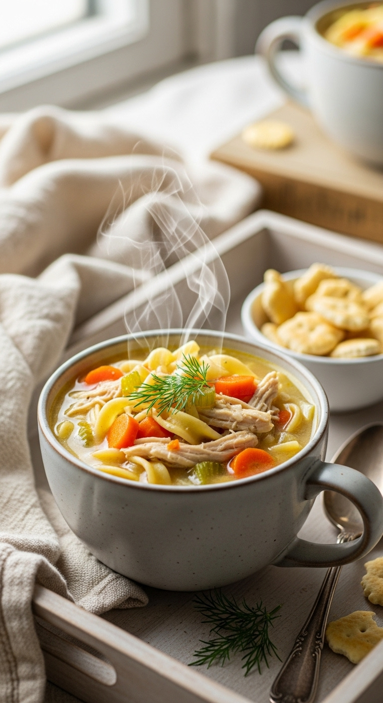 Cozy Mug Of Creamy Chicken Noodle Soup With Egg Noodles, Chicken, Vegetables, And Fresh Dill On A Wooden Tray In Soft Natural Light