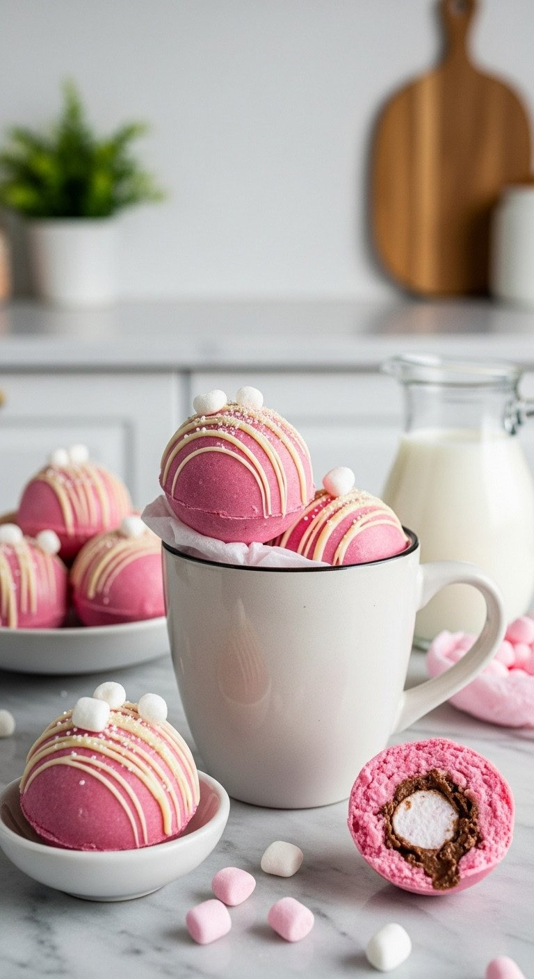 Cozy Pink Hot Chocolate Bombs Drizzled With White Chocolate, Marshmallows And Edible Glitter In A Mug.