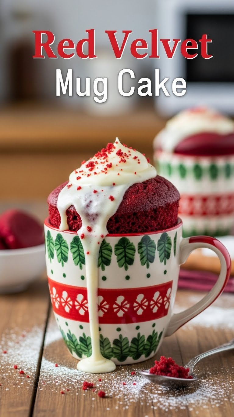 Cozy Red Velvet Mug Cake With Melted Cream Cheese Frosting, Spoon, And Powdered Sugar On A Rustic Table.