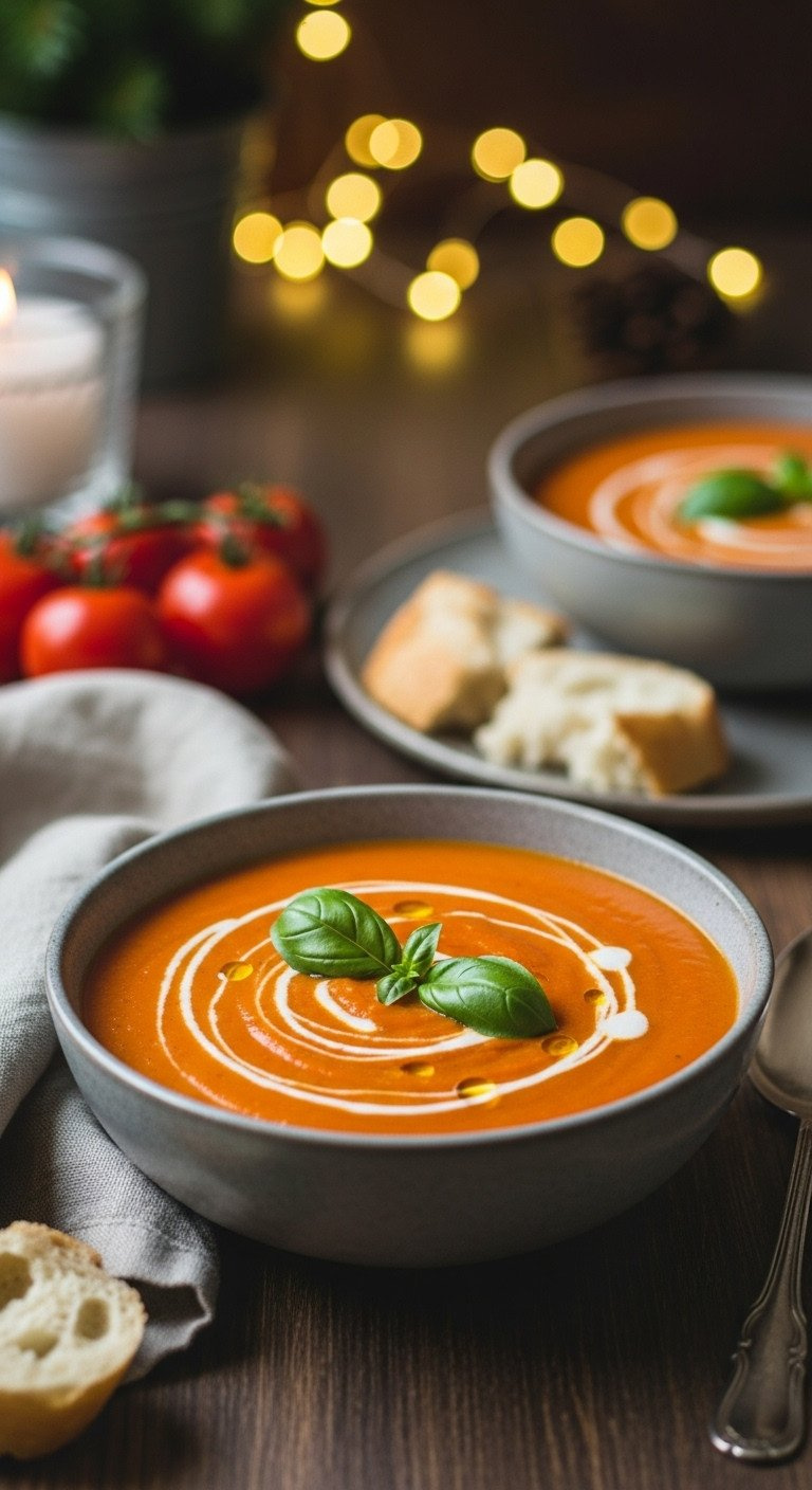 Cozy Roasted Tomato And Basil Soup With Vegan Cream, Fresh Basil, And Crusty Bread In A Rustic Ceramic Bowl On Wood.