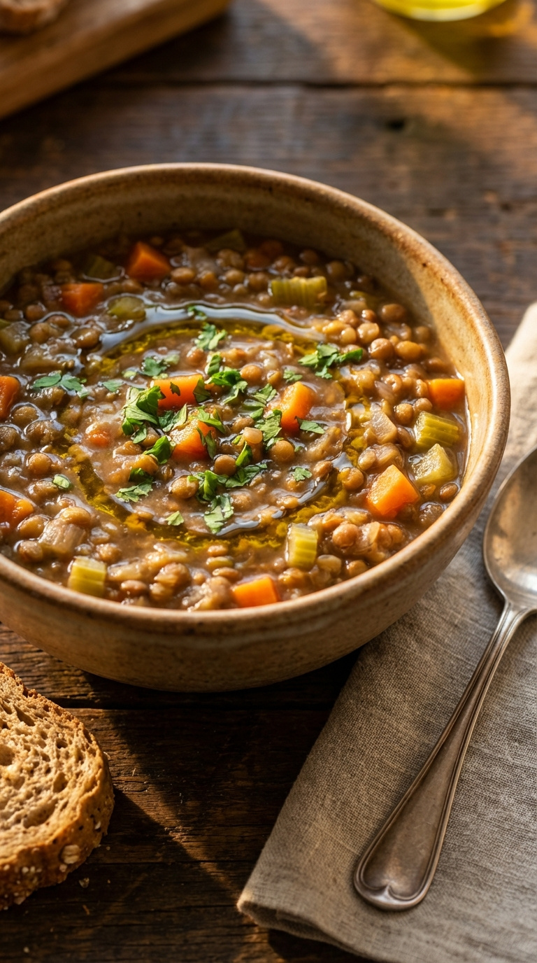 Cozy Rustic Instant Pot Lentil Soup With Vegetables And Parsley Garnish In Earth-Toned Bowl On Dark Wooden Table