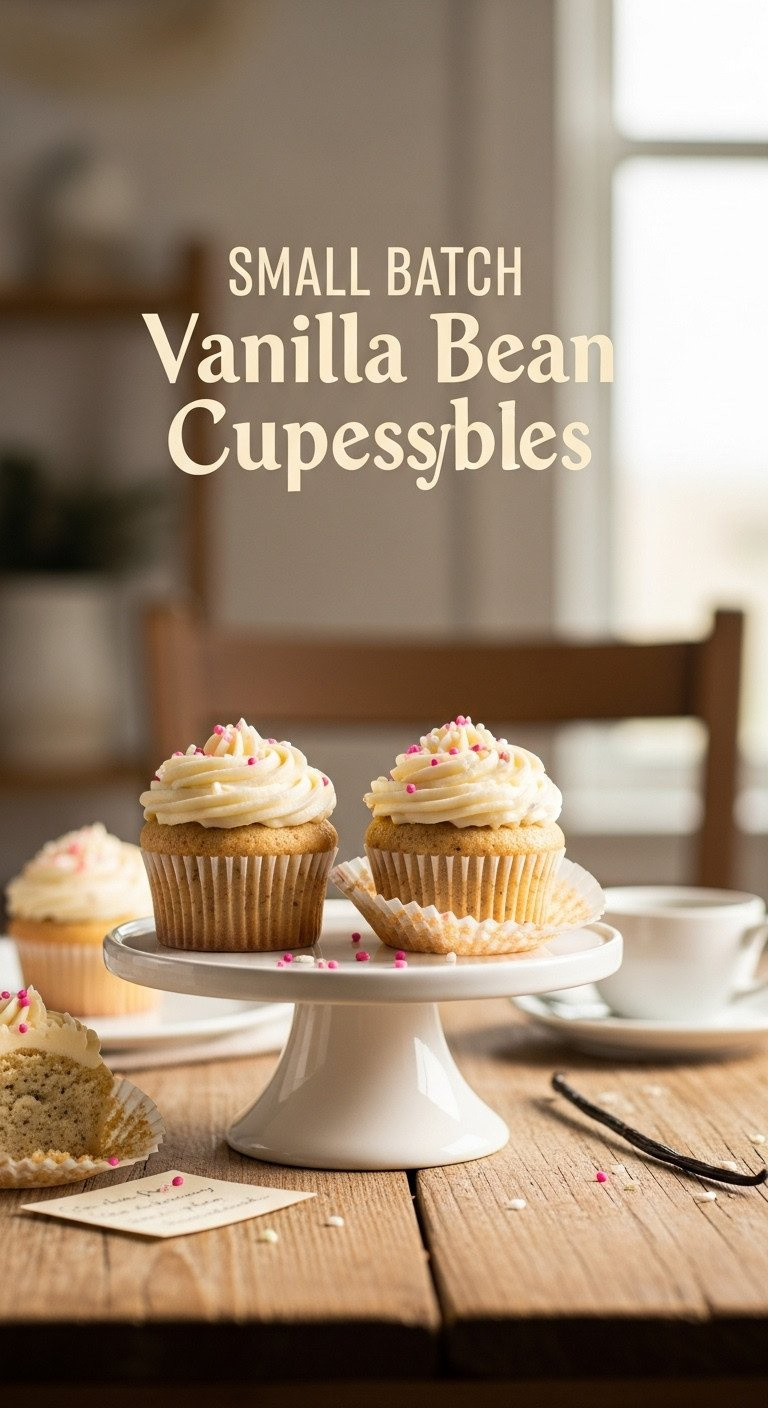 Cozy Small Batch Vanilla Bean Cupcakes With Vanilla Buttercream, Sprinkles, Tiered Stand, Rustic Table, Warm Golden Hour Light.