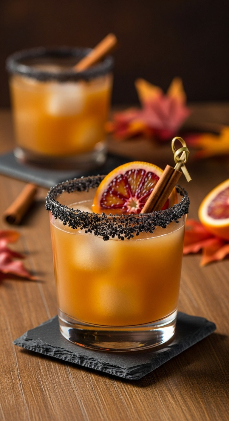 Cozy Spiced Apple Cider Margarita With Black Sugar Rim Blood Orange And Cinnamon Stick On A Rustic Table