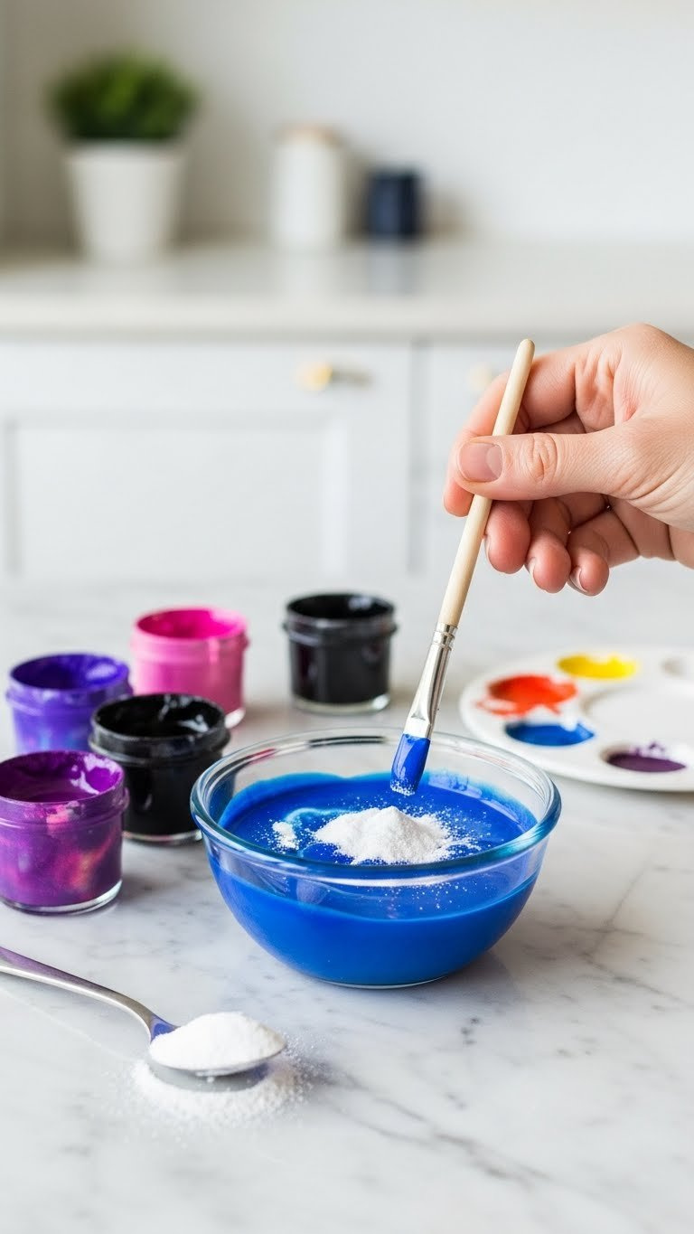Craft Stick Mixing Deep Blue Acrylic Paint With Baking Soda In Glass Dish On Marble Countertop For Diy Project