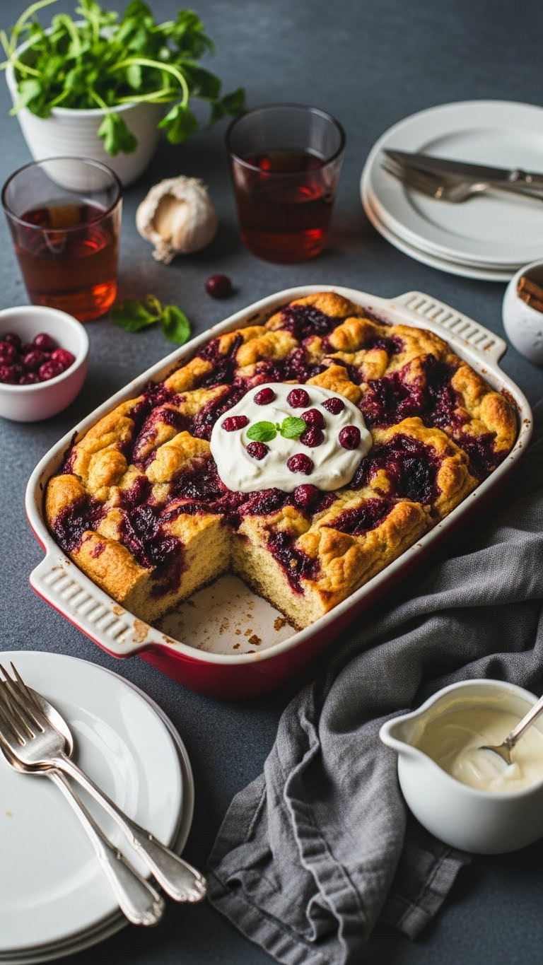 Cranberry Amaretto Bread Pudding In Ceramic Baking Dish