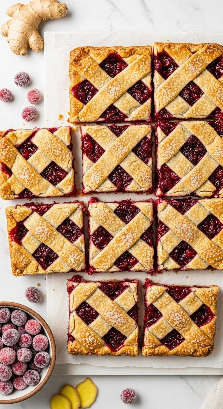 Cranberry-Ginger Slab Pie Squares: Vibrant Red Filling, Lattice Crust, Coarse Sugar. Festive Dessert.