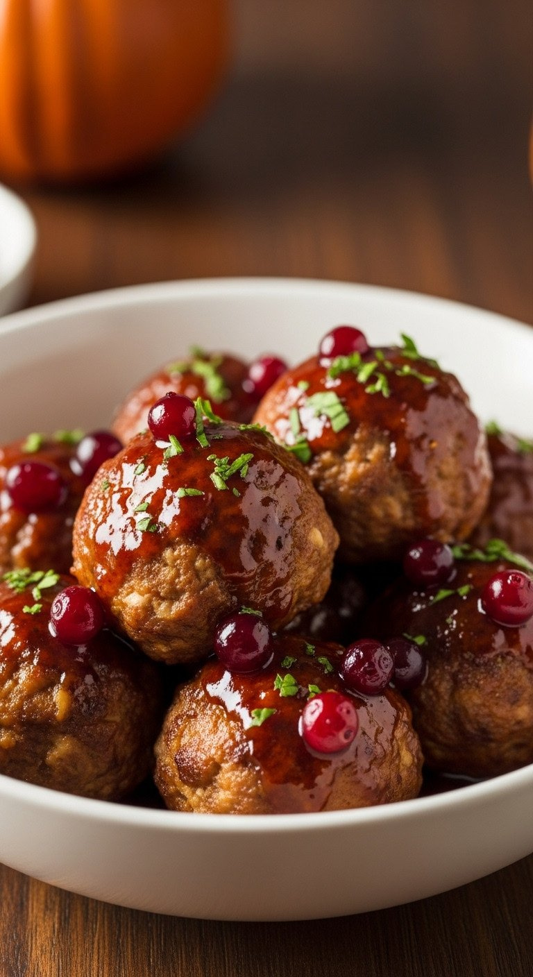 Cranberry Glazed Turkey And Stuffing Meatballs Garnished With Fresh Parsley In A Ceramic Bowl. Elegant Holiday Appetizer.