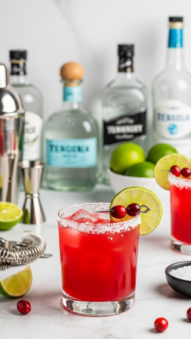 Cranberry Margarita In Salt-Rimmed Glass With Lime Wedges And Cranberries On Marble Counter