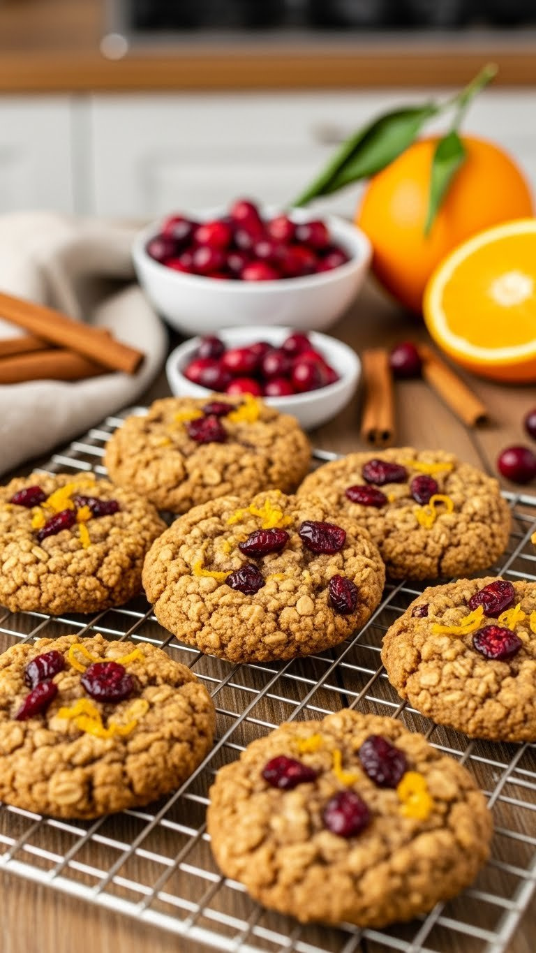 Cranberry Orange Oatmeal Cookies Studded With Dried Cranberries On Cooling Rack Over Wooden Surface