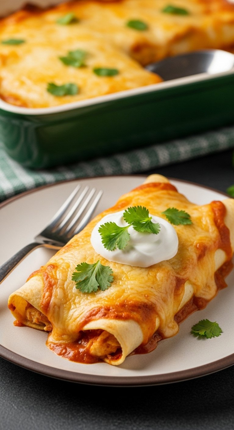 Cream Cheese Chicken Enchilada Topped With Sour Cream And Fresh Cilantro On A Rustic Plate.