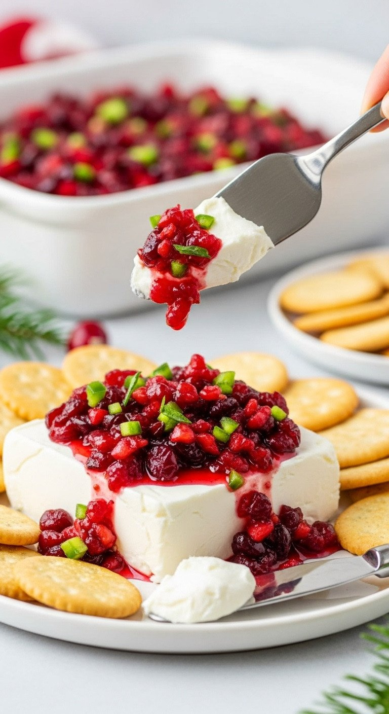 Cream Cheese Topped With Vibrant Cranberry-Jalapeño Salsa, Surrounded By Crackers On White Plate. Easy Festive Holiday Dip Recipe.