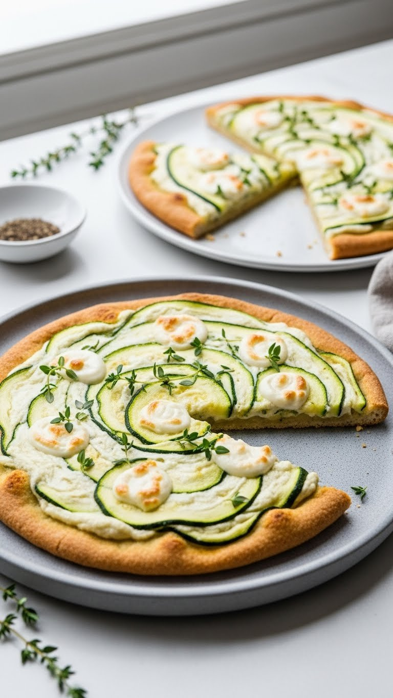 Cream Cheese Zucchini Pizza With Golden Edges And Delicate Herb Toppings On Minimalist Grey Stone Plate