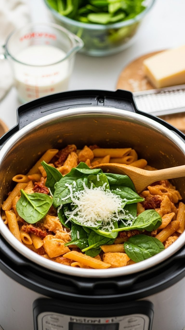 Cream, Fresh Spinach, And Parmesan Cheese Stirred Into Cooked Chicken And Pasta With Creamy Sauce In An Instant Pot.
