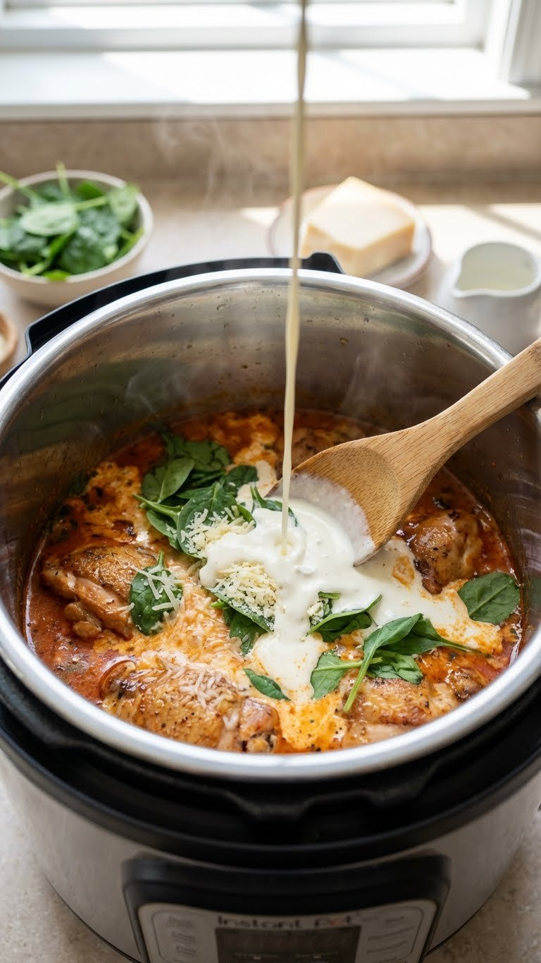 Cream, Vibrant Spinach, And Parmesan Are Stirred Into A Rich Reddish-Orange Chicken Sauce In An Instant Pot.