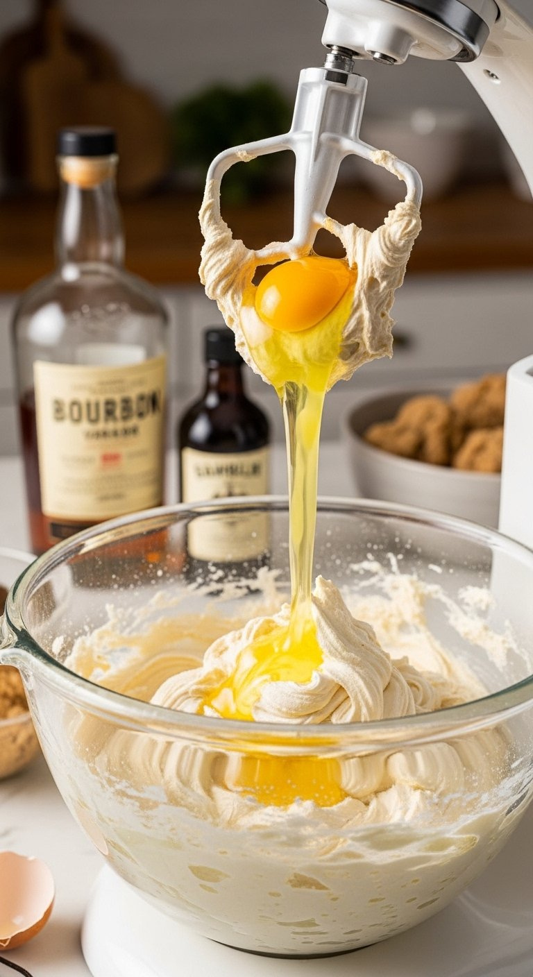 Creamed Brown Sugar And Butter Mixture With A Cracked Egg In A Glass Stand Mixer Bowl Beside Bourbon And Vanilla.