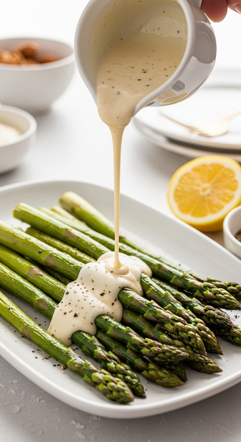 Creamy Alfredo Sauce Being Drizzled Over Roasted Green Asparagus Spears For A Quick And Extra Creamy 15-Minute Side Dish