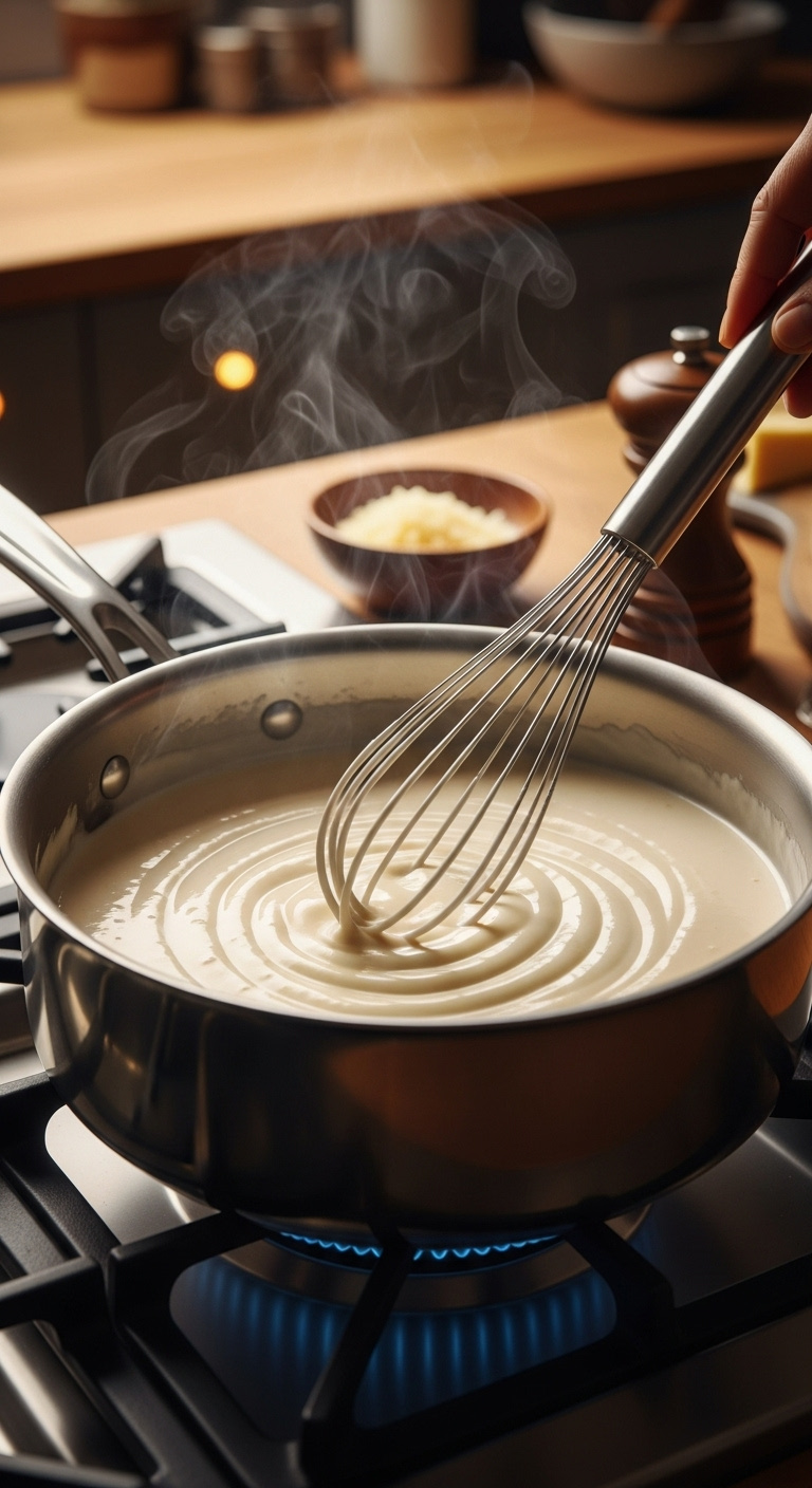 Creamy Alfredo Sauce Being Whisked In A Stainless Steel Saucepan For An Extra Creamy 15-Minute Recipe