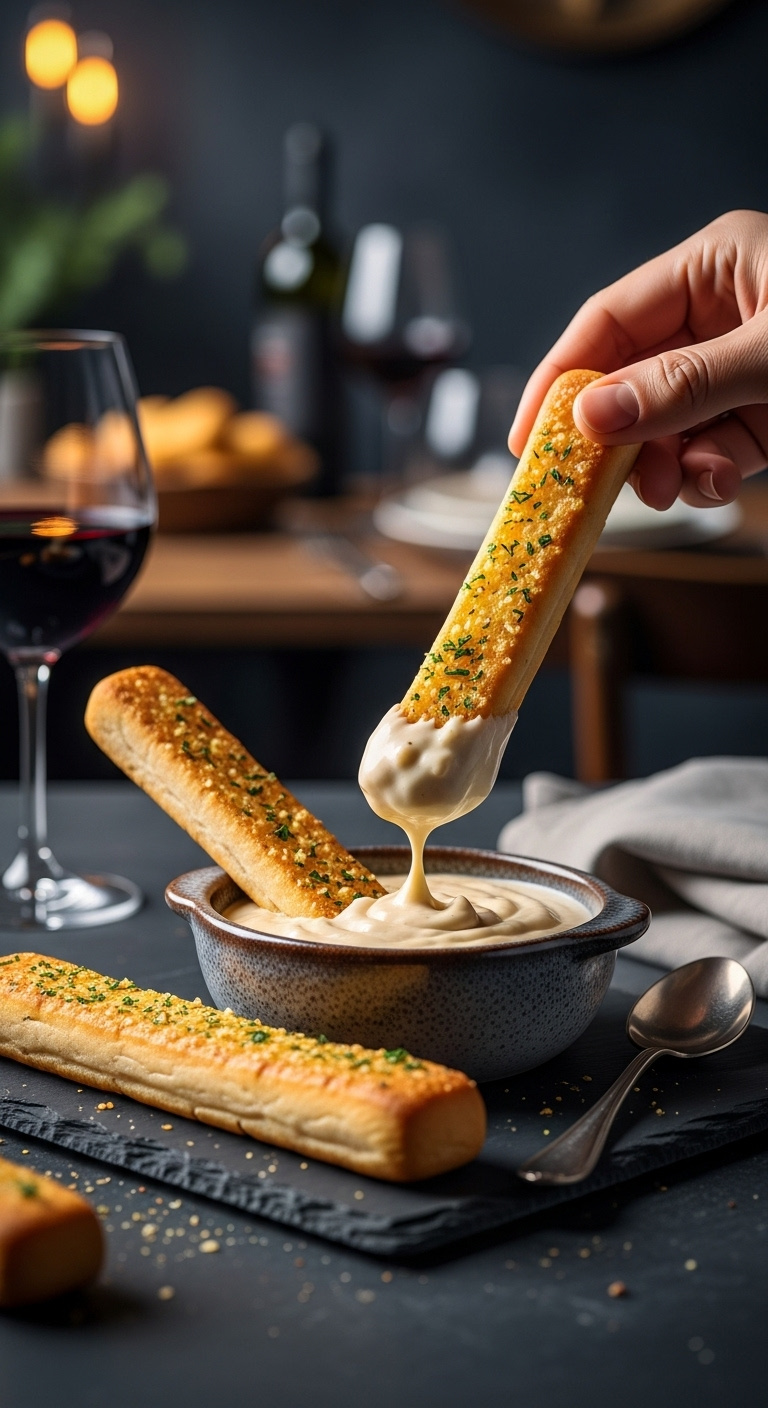 Creamy Alfredo Sauce In A Rustic Bowl With A Garlic Breadstick Dipped In It For A Delicious 15-Minute Snack