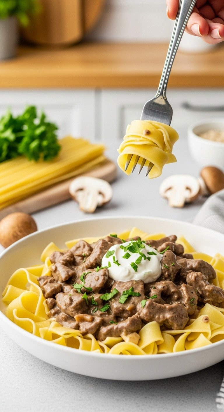 Creamy Beef Stroganoff, Tender Beef, Egg Noodles, Parsley, Sour Cream. Classic Holiday Dinner Recipe.