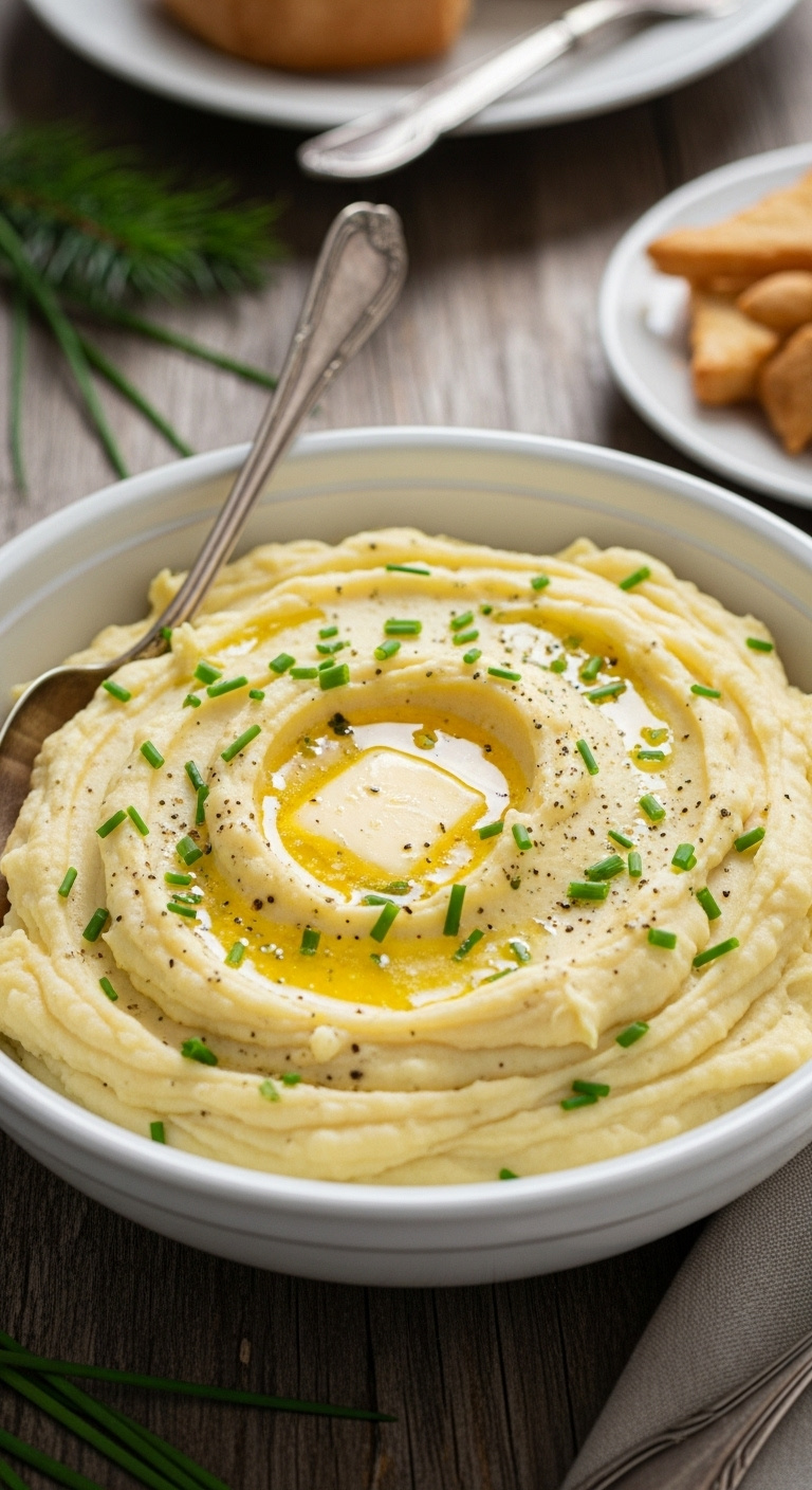 Creamy Boursin Mashed Potatoes With Melted Butter Chives And Pepper In A White Ceramic Bowl On A Rustic Wood Table