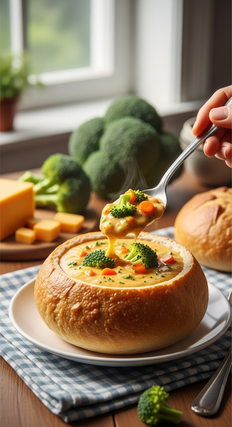 Creamy Broccoli Cheddar Soup In Sourdough Bread Bowl With Cheddar Block And Broccoli On Checkered Napkin Wooden Table