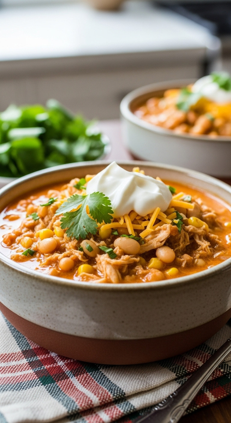 Creamy Buffalo White Chicken Chili Garnished With Cheddar Sour Cream And Cilantro In A Rustic Bowl On A Dark Wood Surface