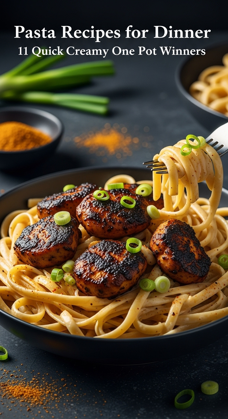 Creamy Cajun Chicken Alfredo Fettuccine With Green Onions In A Dark Modern Bowl With Seasoning And A Twirling Fork
