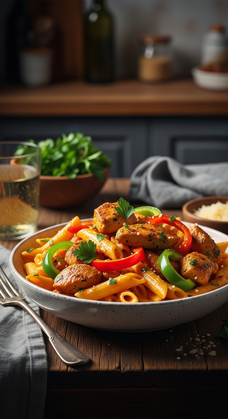 Creamy Cajun Chicken Pasta With Bell Peppers And Penne In A Rustic White Bowl On A Dark Wood Table With Wine And Parmesan