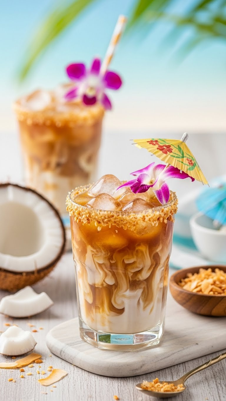Creamy Coconut Coke Mocktail With Light Brown Coconut-Cream Cola Swirls And Toasted Coconut Rim Garnish