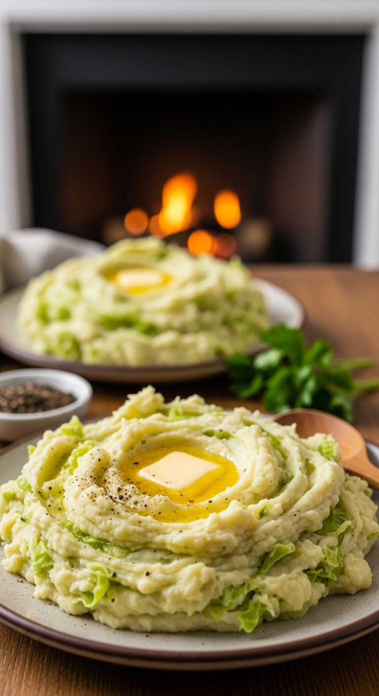 Creamy Colcannon Irish Mashed Potatoes With Green Cabbage And Melted Butter, On A Rustic Plate With A Cozy Fireplace Background.