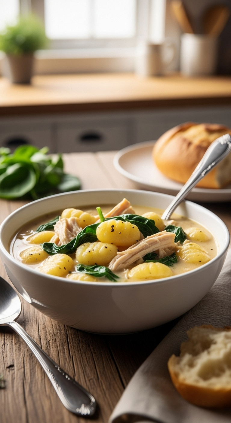 Creamy Crockpot Chicken Gnocchi Soup In White Bowl With Crusty Bread On Rustic Wood Table Soft Natural Light