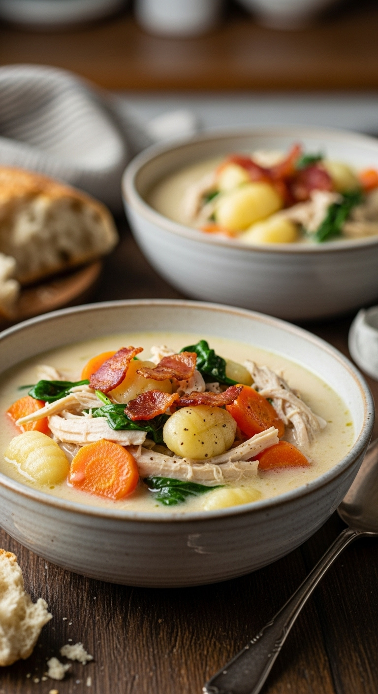 Creamy Crockpot Chicken Gnocchi Soup With Chicken Gnocchi Carrots Spinach And Bacon In Rustic Bowl On Dark Wood Table