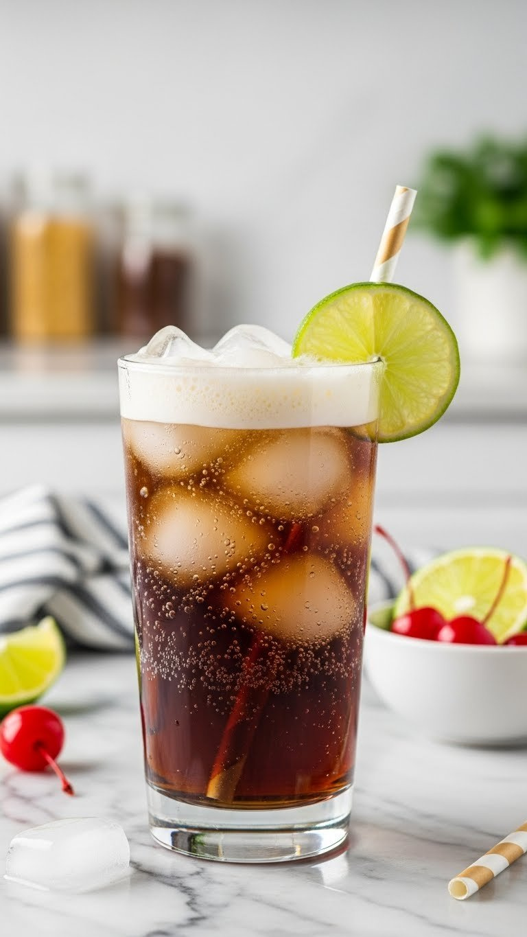 Creamy Dirty Dr Pepper Layered Drink In Clear Glass With Ice, Frothy Cream Topping, And Fresh Lime Wedge Garnish