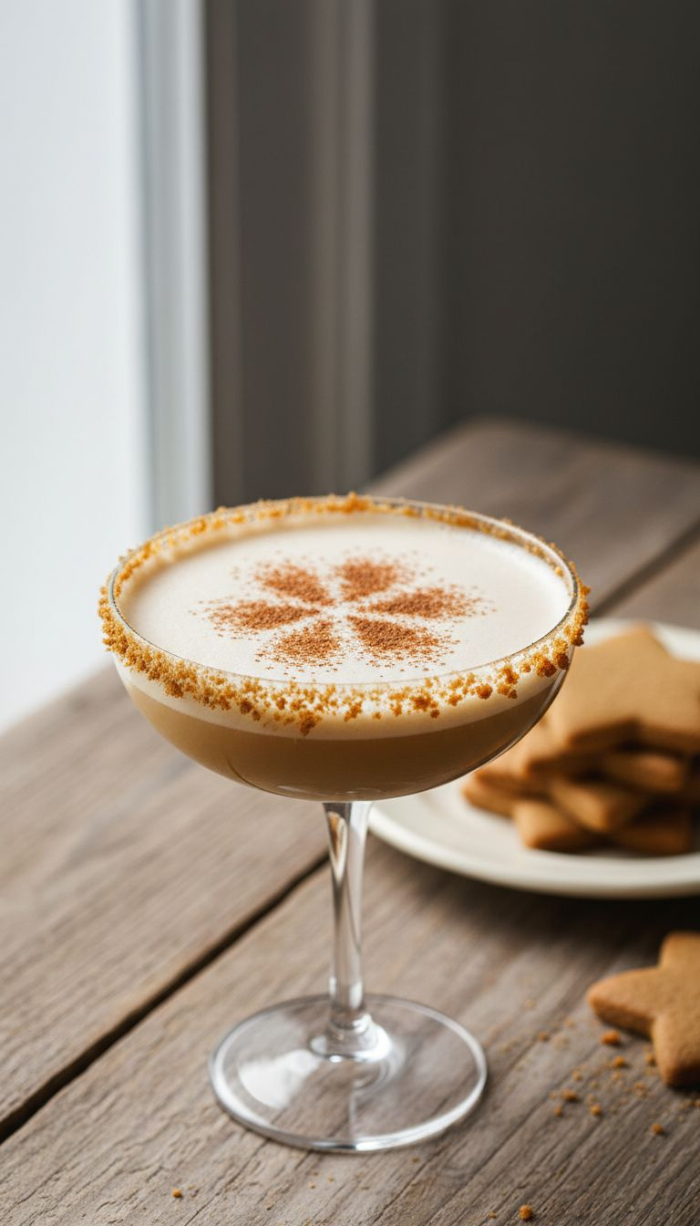 Creamy Gingerbread Martini In A Coupe Glass With A Crushed Cookie Rim, Cinnamon Dust, And Fresh Gingerbread On A Rustic Wooden Table.