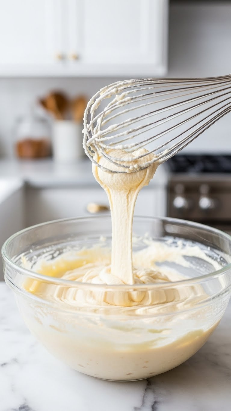 Creamy Greek Yogurt And Cottage Cheese Cheesecake Batter In Mixing Bowl With Whisk On Marble Countertop
