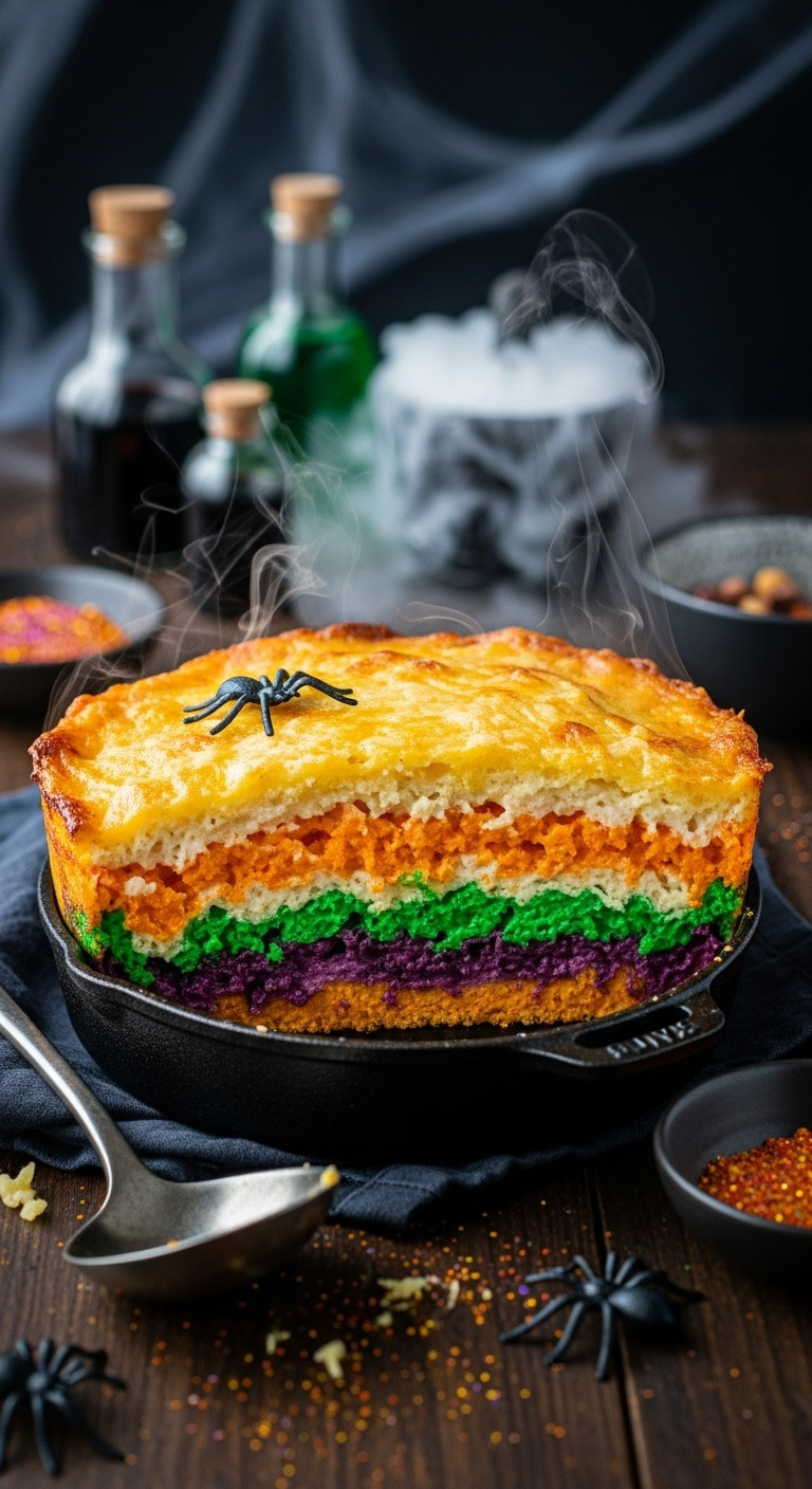 Creamy Halloween Mac And Cheese With An Intricate White Spiderweb Design And Edible Black Spider On A Dark Rustic Board.