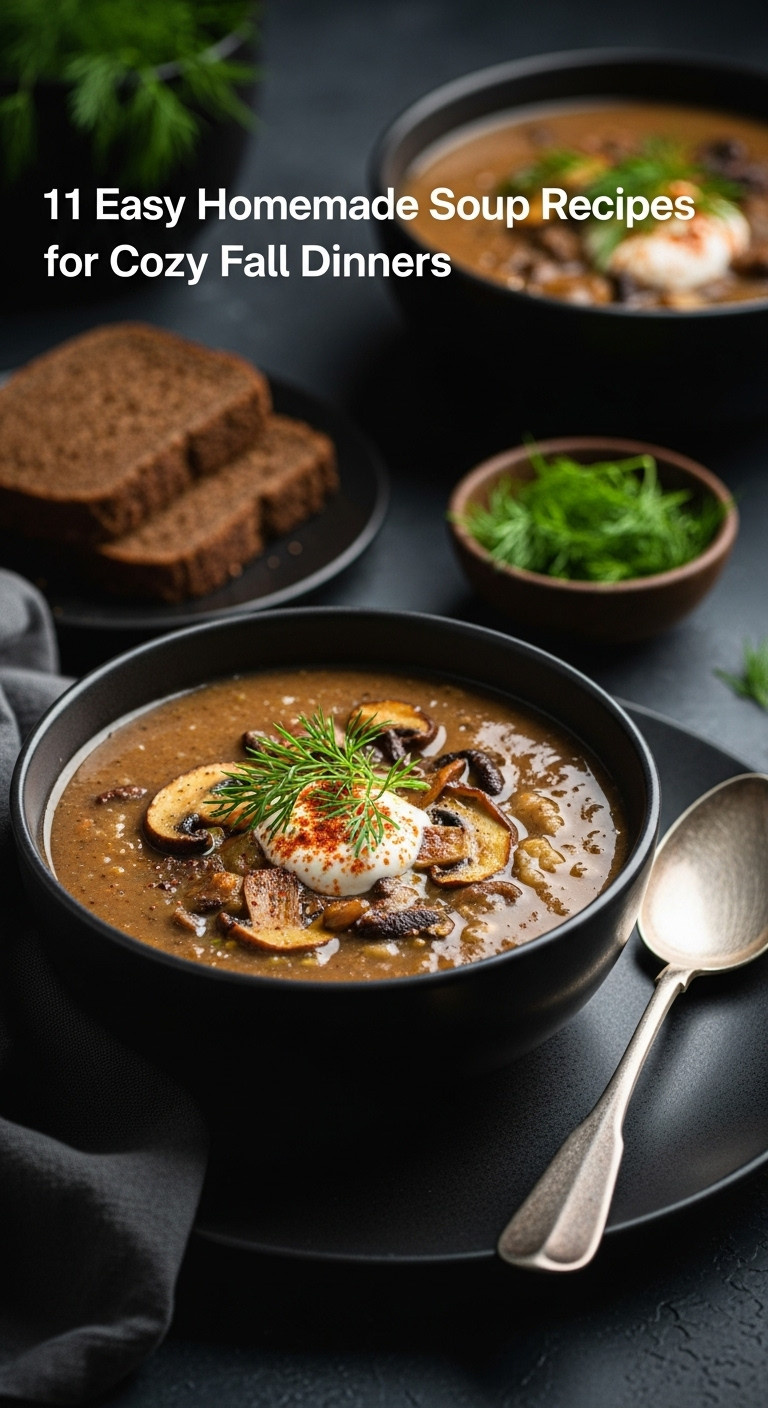 Creamy Hungarian Mushroom Soup With Sour Cream Dill And Paprika In A Dark Ceramic Bowl On A Textured Placemat