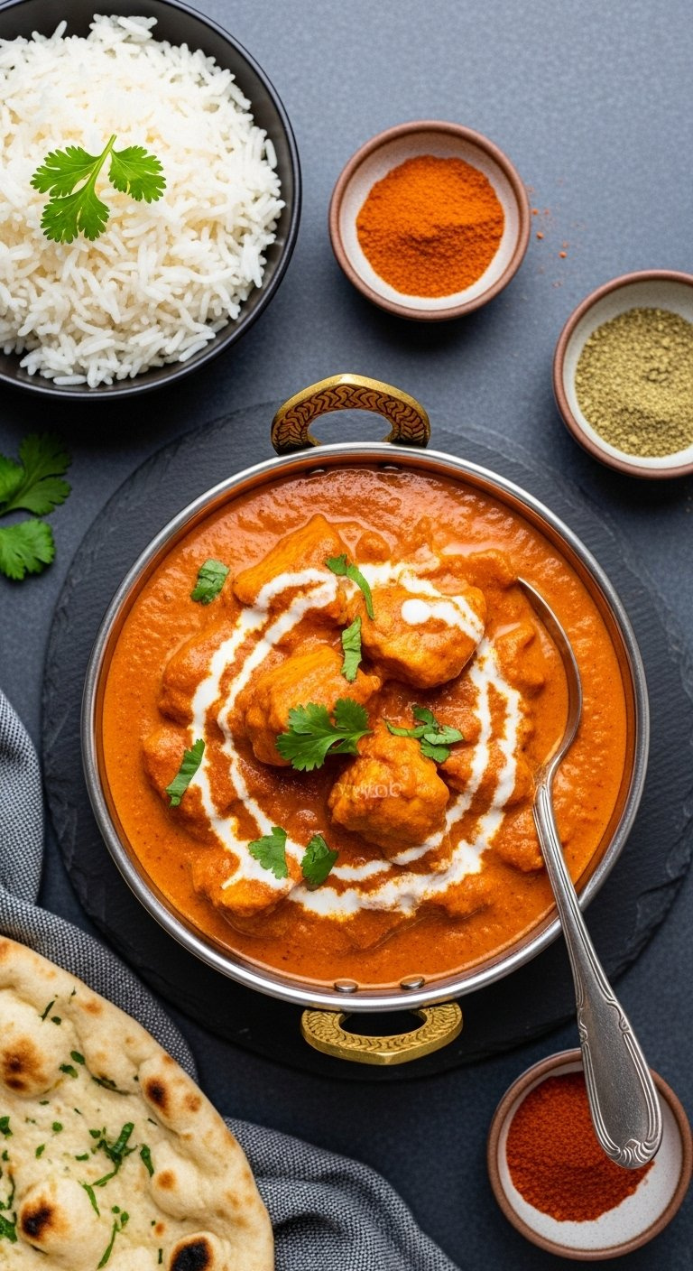 Creamy Indian Chicken Tikka Masala Served With Basmati Rice And Naan Bread On A Dark Slate Surface.