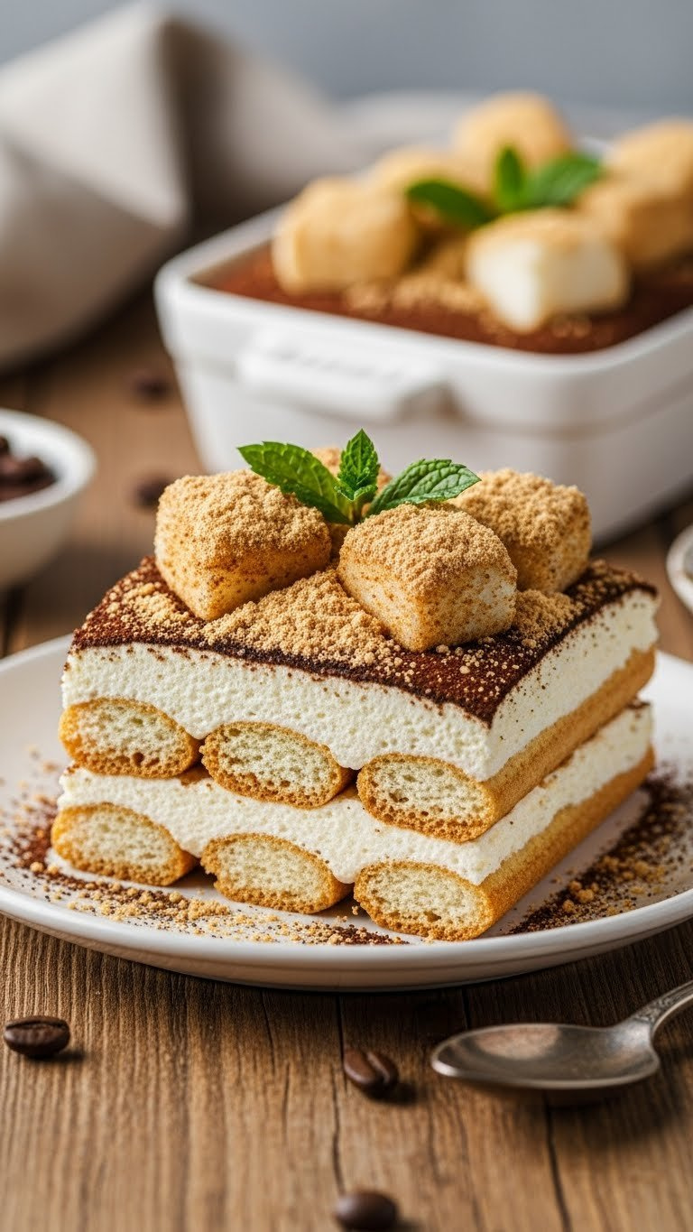 Creamy Injeolmi Tiramisu, Fusion Korean Dessert, With Kinako Powder, Rice Cake, Mascarpone, And Coffee-Soaked Layers.