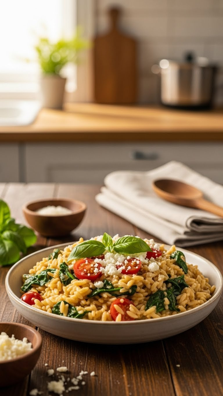 Creamy Instant Pot Mediterranean Orzo With Spinach, Cherry Tomatoes, Feta, And Basil In A Rustic Bowl.