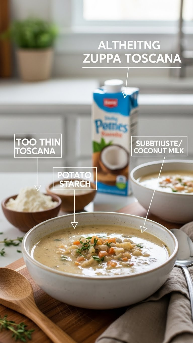 Creamy Instant Pot Zuppa Toscana Soup In A Ceramic Bowl, With Potato Starch Or Coconut Milk On A Cutting Board.