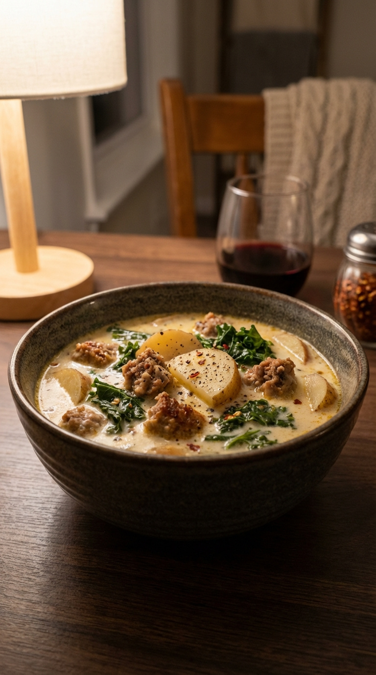 Creamy Instant Pot Zuppa Toscana With Italian Sausage, Potato Slices, And Kale In Rich Broth