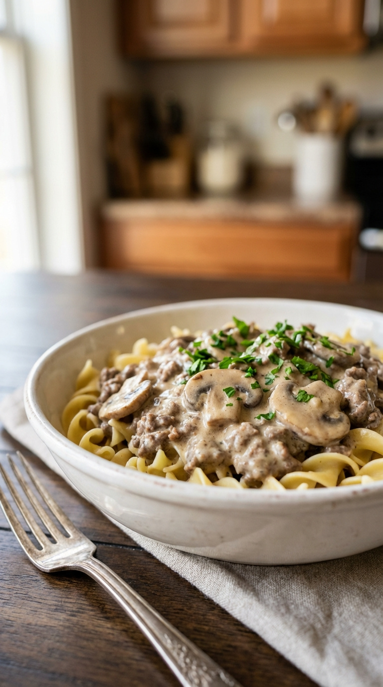 Creamy Instant Pot Beef Stroganoff With Tender Ground Beef And Mushrooms In A Rustic White Bowl On A Dark Wooden Table.