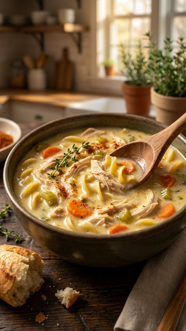 Creamy Instant Pot Chicken Noodle Soup With Tender Shredded Chicken And Vegetables Being Gently Stirred In A Rustic Bowl.