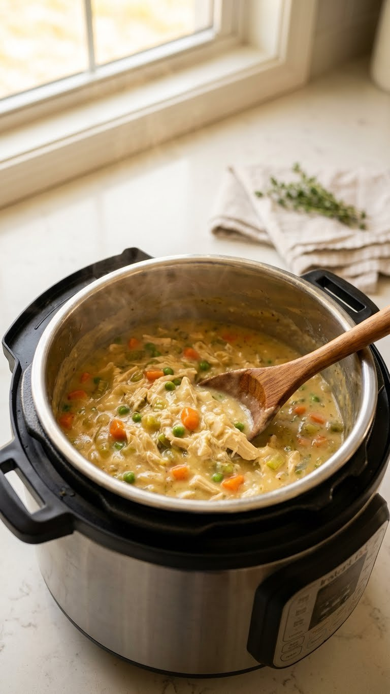 Creamy Instant Pot Chicken Pot Pie Filling With Tender Chicken And Vegetables Being Gently Stirred With A Wooden Spoon.