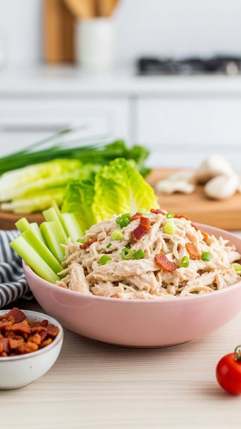 Creamy Instant Pot Crack Chicken With Bacon, Green Onions, And Celery Sticks, Presented On A Light Wooden Table.