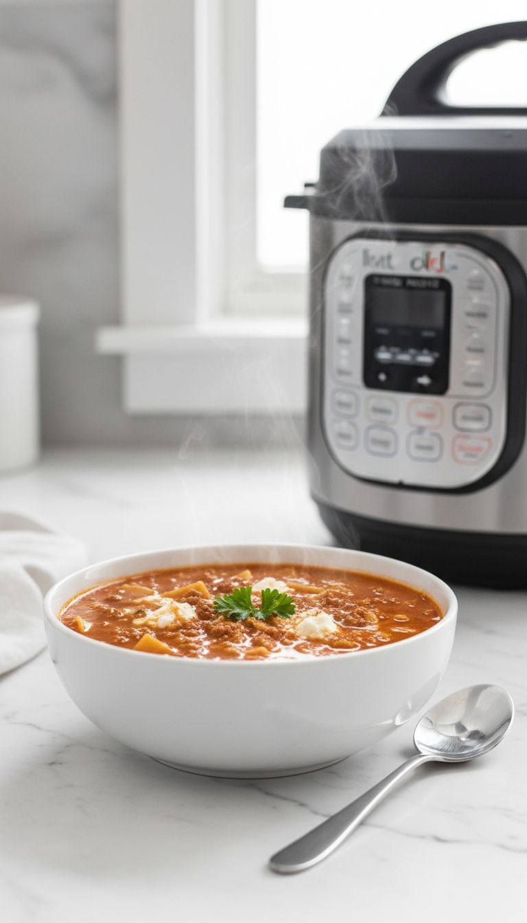Creamy Instant Pot Lasagna Soup, Red Sauce, Noodles, Steaming In A Bowl Next To A Sleek Stainless Steel Instant Pot.